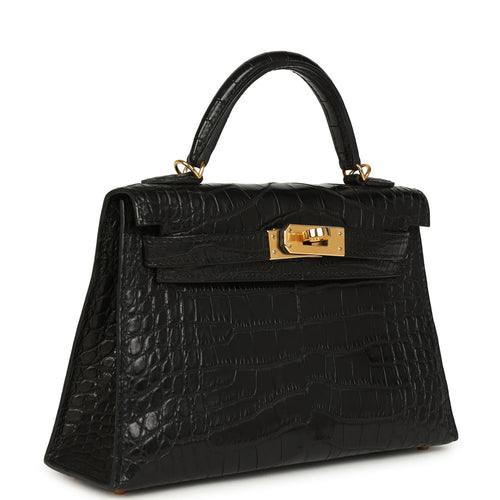Pre-owned Hermes Kelly Sellier 20 Black Matte Alligator Gold Hardware
