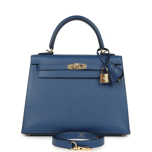Hermes Kelly Sellier 25 Bleu Tie Madame Permabrass Hardware
