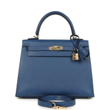 Hermes Kelly Sellier 25 Bleu Tie Madame Permabrass Hardware