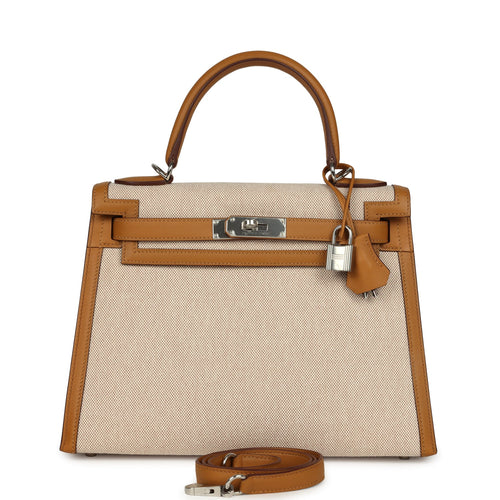 Pre-owned Hermes Kelly Sellier 28 Beige & Ecru Toile H Canvas and Sesame Swift Palladium Hardware