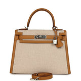 Pre-owned Hermes Kelly Sellier 28 Beige & Ecru Toile H Canvas and Sesame Swift Palladium Hardware