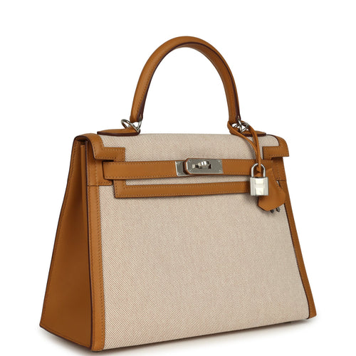 Pre-owned Hermes Kelly Sellier 28 Beige & Ecru Toile H Canvas and Sesame Swift Palladium Hardware