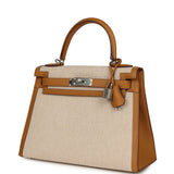 Pre-owned Hermes Kelly Sellier 28 Beige & Ecru Toile H Canvas and Sesame Swift Palladium Hardware