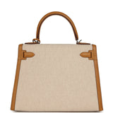 Pre-owned Hermes Kelly Sellier 28 Beige & Ecru Toile H Canvas and Sesame Swift Palladium Hardware