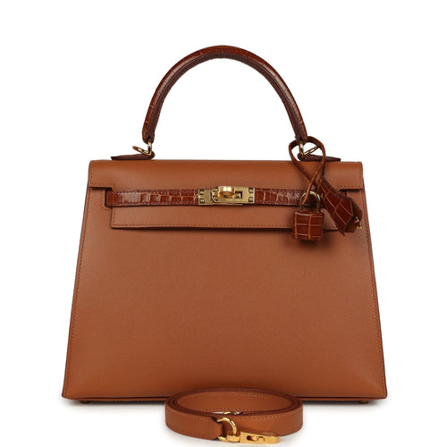 Hermes Kelly Sellier 25 Gold Madame and Miel Shiny Niloticus Crocodile Touch Gold Hardware