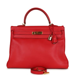 Vintage Hermes Kelly Retourne 35 Rouge Vif Gulliver Gold Hardware