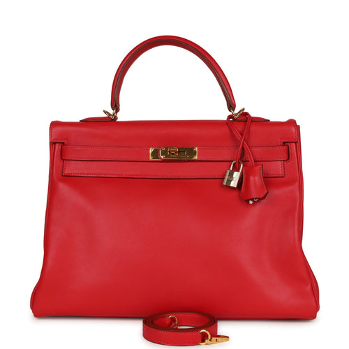 Vintage Hermes Kelly Retourne 35 Rouge Vif Gulliver Gold Hardware