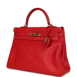 Vintage Hermes Kelly Retourne 35 Rouge Vif Gulliver Gold Hardware