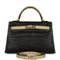 Pre-owned Hermes Special Order (HSS) Kelly Sellier 20 Black and Vanille Matte Alligator Permabrass Hardware