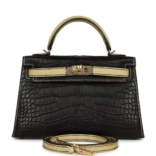 Pre-owned Hermes Special Order (HSS) Kelly Sellier 20 Black and Vanille Matte Alligator Permabrass Hardware