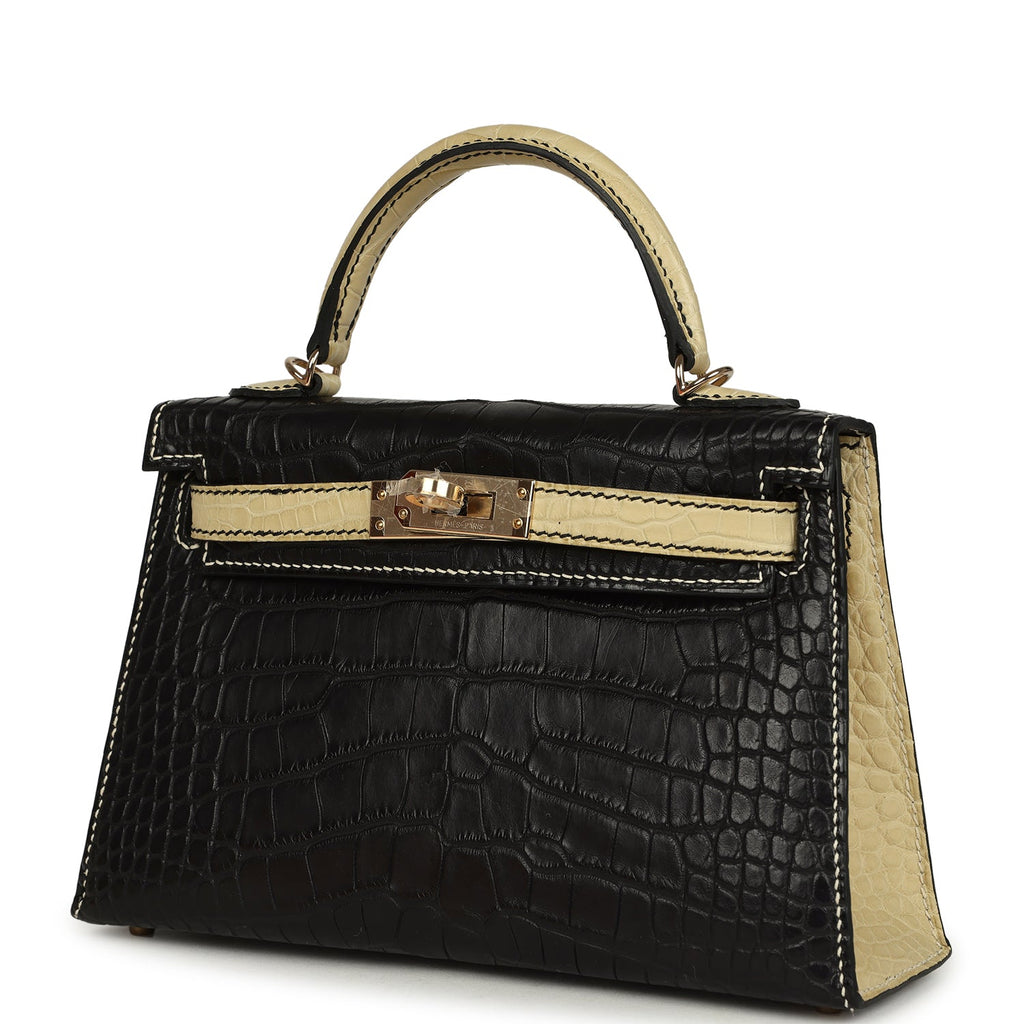 Pre-owned Hermes Special Order (HSS) Kelly Sellier 20 Black and Vanille Matte Alligator Permabrass Hardware