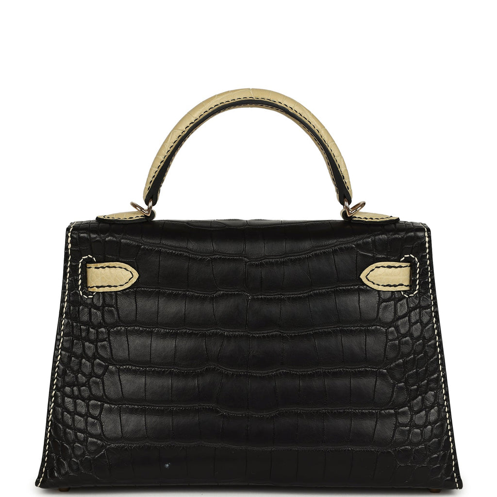Pre-owned Hermes Special Order (HSS) Kelly Sellier 20 Black and Vanille Matte Alligator Permabrass Hardware