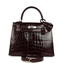 Hermes Kelly Sellier 25 Bordeaux Shiny Alligator Palladium Hardware