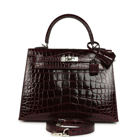 Hermes Kelly Sellier 25 Bordeaux Shiny Alligator Palladium Hardware