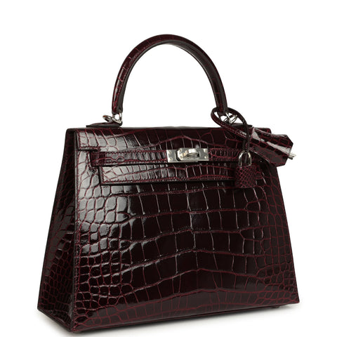 Hermes Kelly Sellier 25 Bordeaux Shiny Alligator Palladium Hardware