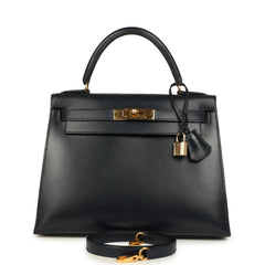 Vintage Hermes Kelly Sellier 28 Bleu Marine Box Gold Hardware
