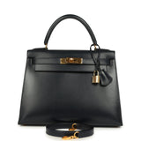 Vintage Hermes Kelly Sellier 28 Bleu Marine Box Gold Hardware