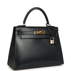 Vintage Hermes Kelly Sellier 28 Bleu Marine Box Gold Hardware
