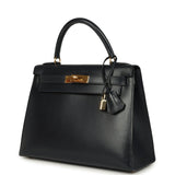 Vintage Hermes Kelly Sellier 28 Bleu Marine Box Gold Hardware