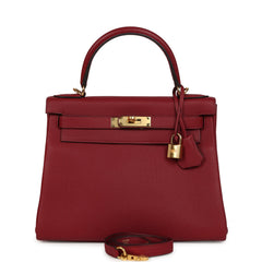 Pre-owned Hermes Kelly Retourne 28 Rouge Grenat Togo Gold Hardware