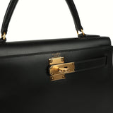 Vintage Hermes Kelly Sellier 28 Black Box Gold Hardware