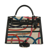 Pre-owned Hermes Kelly Sellier 32 Ficelle-Multicolor Toile De Camp Cavalcadour and Black Swift Palladium Hardware