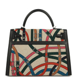 Pre-owned Hermes Kelly Sellier 32 Ficelle-Multicolor Toile De Camp Cavalcadour and Black Swift Palladium Hardware