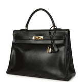 Vintage Hermes Kelly Retourne 35 Black Box Gold Hardware