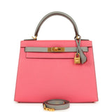 Pre-owned Hermes Special Order (HSS) Kelly Sellier 28 Rose Azalee and Gris Mouette Epsom Brushed Gold Hardware