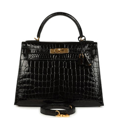Pre-owned Hermes Kelly Sellier 28 Black Shiny Niloticus Crocodile Gold Hardware
