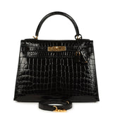 Pre-owned Hermes Kelly Sellier 28 Black Shiny Niloticus Crocodile Gold Hardware