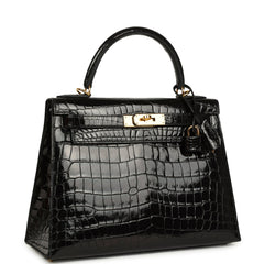 Pre-owned Hermes Kelly Sellier 28 Black Shiny Niloticus Crocodile Gold Hardware