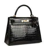 Pre-owned Hermes Kelly Sellier 28 Black Shiny Niloticus Crocodile Gold Hardware