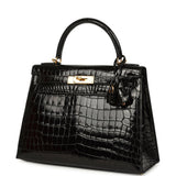 Pre-owned Hermes Kelly Sellier 28 Black Shiny Niloticus Crocodile Gold Hardware