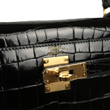 Pre-owned Hermes Kelly Sellier 28 Black Shiny Niloticus Crocodile Gold Hardware