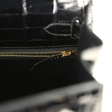 Pre-owned Hermes Kelly Sellier 28 Black Shiny Niloticus Crocodile Gold Hardware