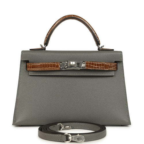 Hermes Kelly Sellier 20 Gris Meyer Madame and Ficelle Shiny Alligator Touch Palladium Hardware