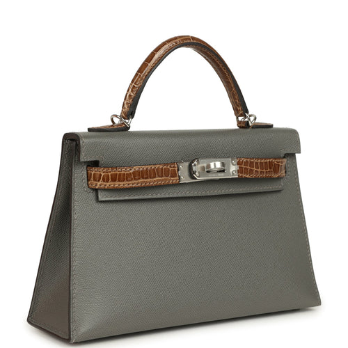 Hermes Kelly Sellier 20 Gris Meyer Madame and Ficelle Shiny Alligator Touch Palladium Hardware