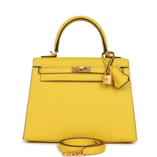 Hermes Special Order (HSS) Kelly Sellier 25 Jaune De Naples Verso Epsom Brushed Gold Hardware