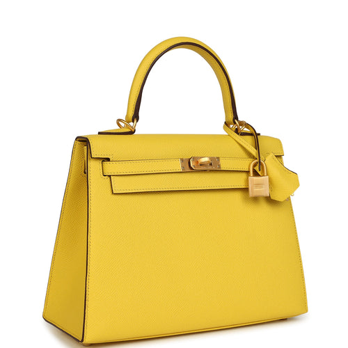 Hermes Special Order (HSS) Kelly Sellier 25 Jaune De Naples Verso Epsom Brushed Gold Hardware