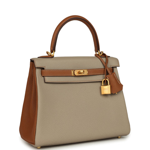 Hermes Special Order (HSS) Kelly Retourne 25 Gris Asphalte and Gold Togo Brushed Gold Hardware