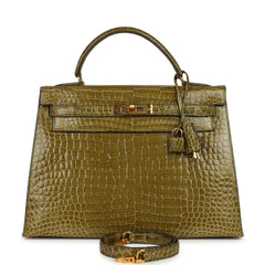 Vintage Hermes Kelly Sellier 32 Vert Anis Shiny Porosus Crocodile Gold Hardware