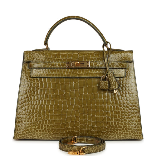 Vintage Hermes Kelly Sellier 32 Vert Anis Shiny Porosus Crocodile Gold Hardware