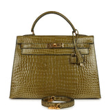 Vintage Hermes Kelly Sellier 32 Vert Anis Shiny Porosus Crocodile Gold Hardware - Thumbnail View 1