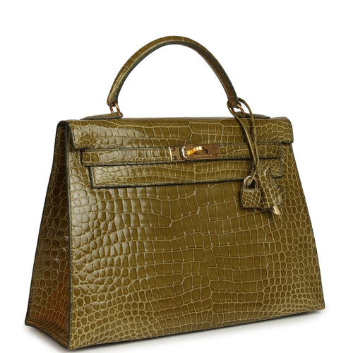 Vintage Hermes Kelly Sellier 32 Vert Anis Shiny Porosus Crocodile Gold Hardware