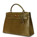 Vintage Hermes Kelly Sellier 32 Vert Anis Shiny Porosus Crocodile Gold Hardware - Thumbnail View 5