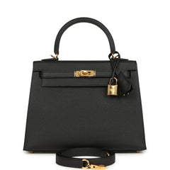 Hermes Kelly Sellier 25 Black Epsom Gold Hardware
