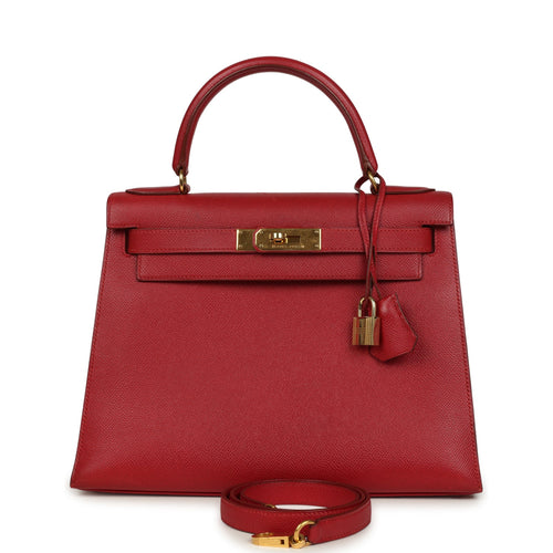 Vintage Hermes Kelly 28 Sellier Rouge Vif Courchevel Gold Hardware