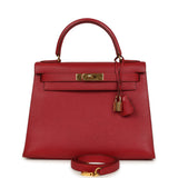 Vintage Hermes Kelly 28 Sellier Rouge Vif Courchevel Gold Hardware