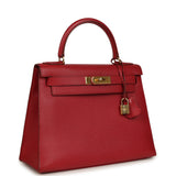Vintage Hermes Kelly 28 Sellier Rouge Vif Courchevel Gold Hardware